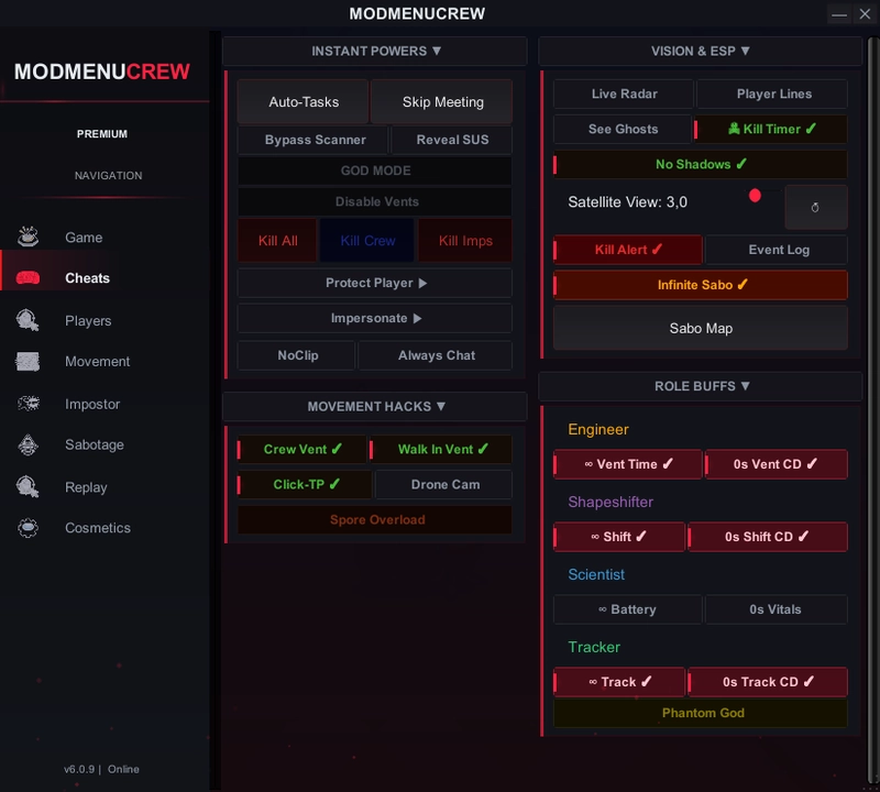Among Us Hack Cheats Tab: Always Impostor, ESP, Speed Hack, Wallhack & Anti-Ban Settings