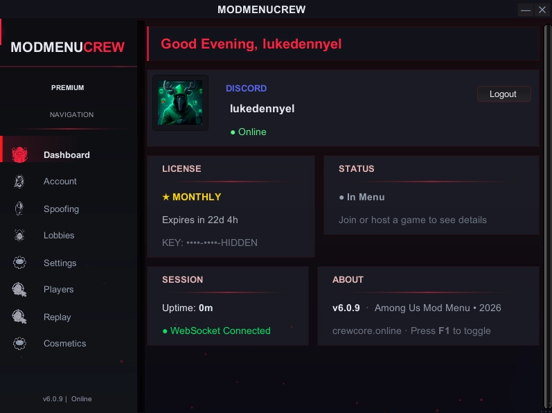 ModMenuCrew Among Us Mod Menu 2026 Dashboard: Main Interface with 150+ Cheats and Hack Features